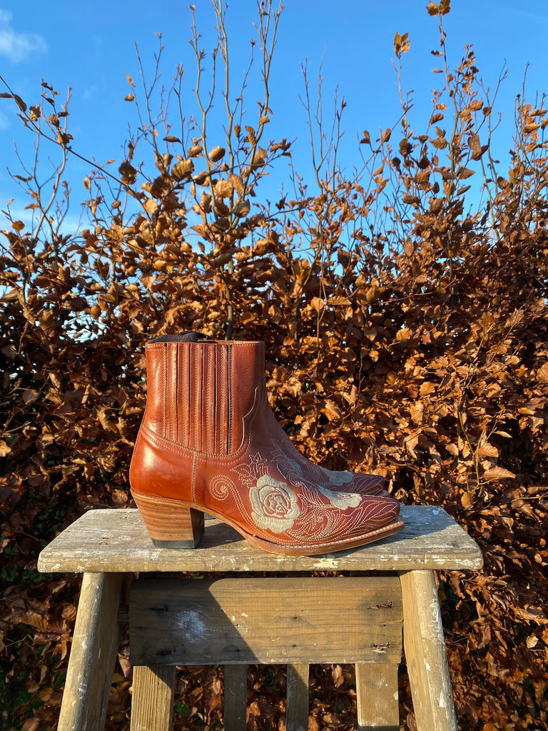 Embroidered Brown Ankle Boots -  Deadstock