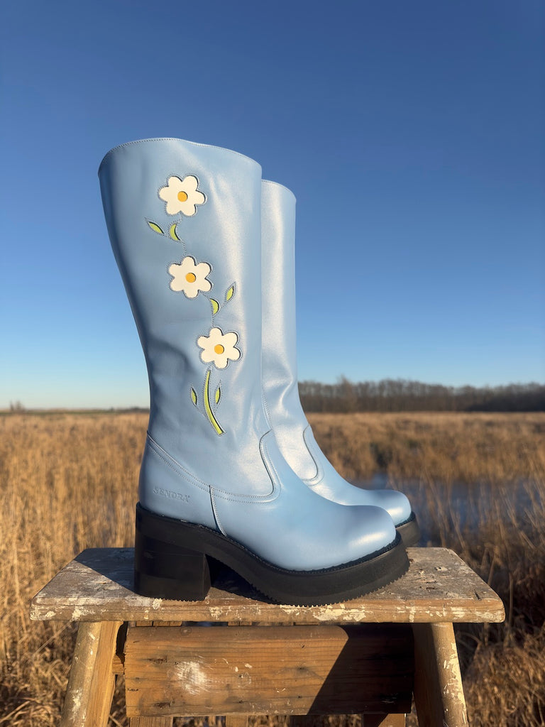 Platform Flower Boots Blue