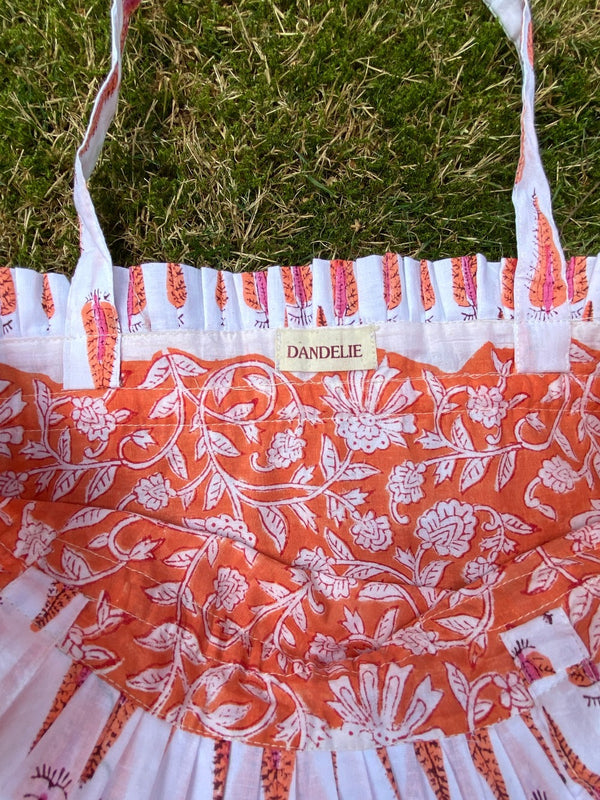 Block Print Frill Tote White Orange